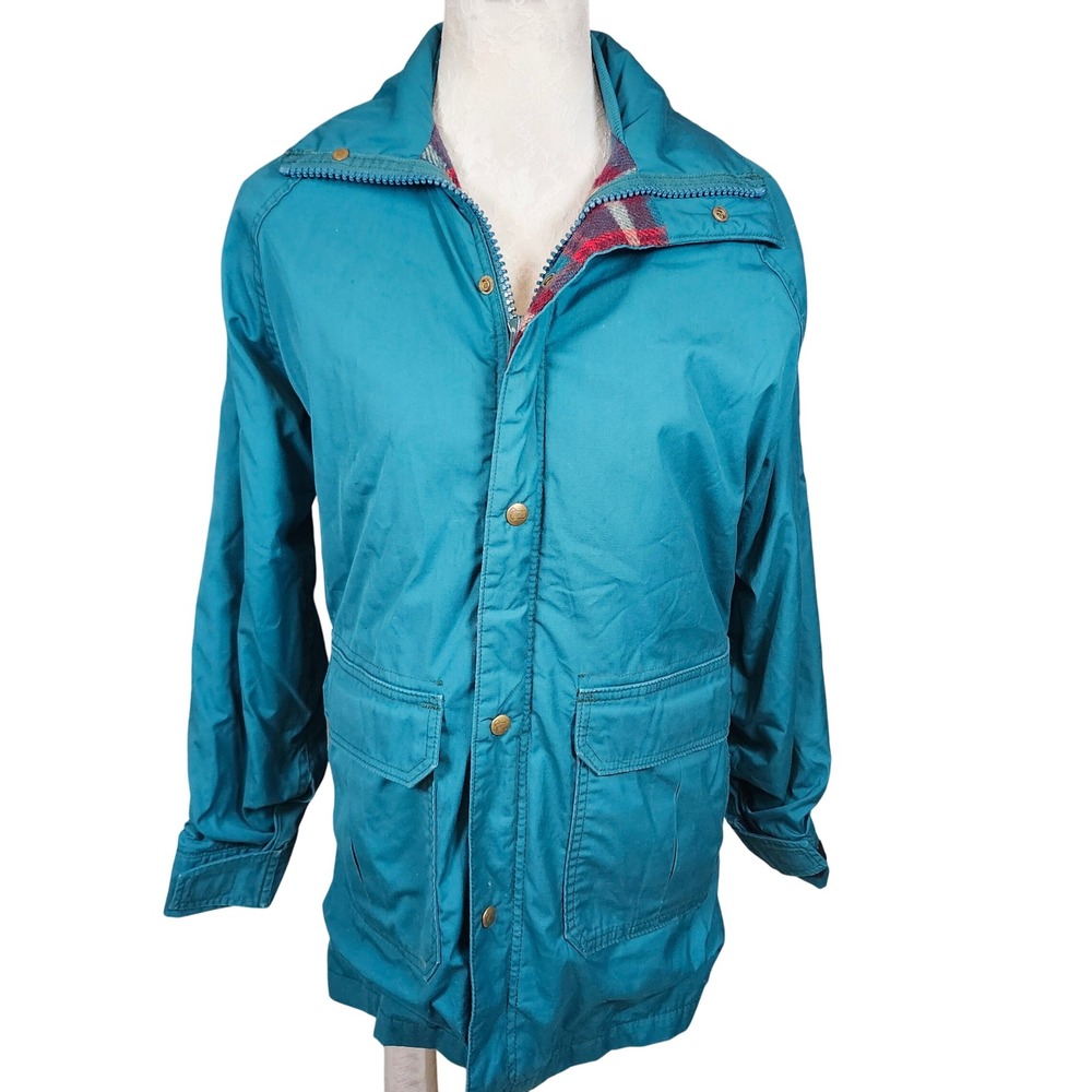 Woolrich Made in USA Teal Jacket Plaid Lined Workwear Coat Vintage 80 90s Medium